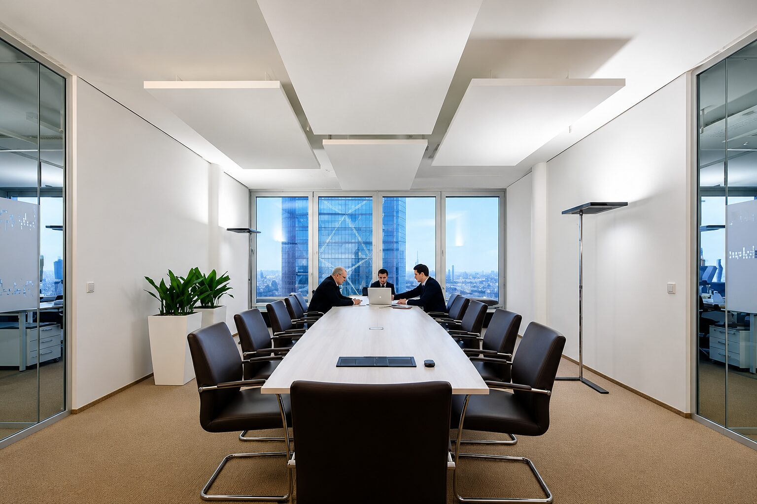 Modern UAE architectural interior with highly reflective glass, marble and concrete surfaces