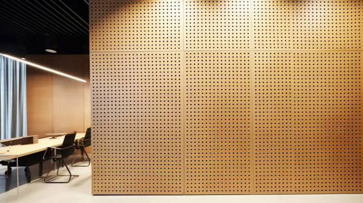 Modern perforated acoustic wall panels with custom geometric hole patterns installed in office boardroom lobby